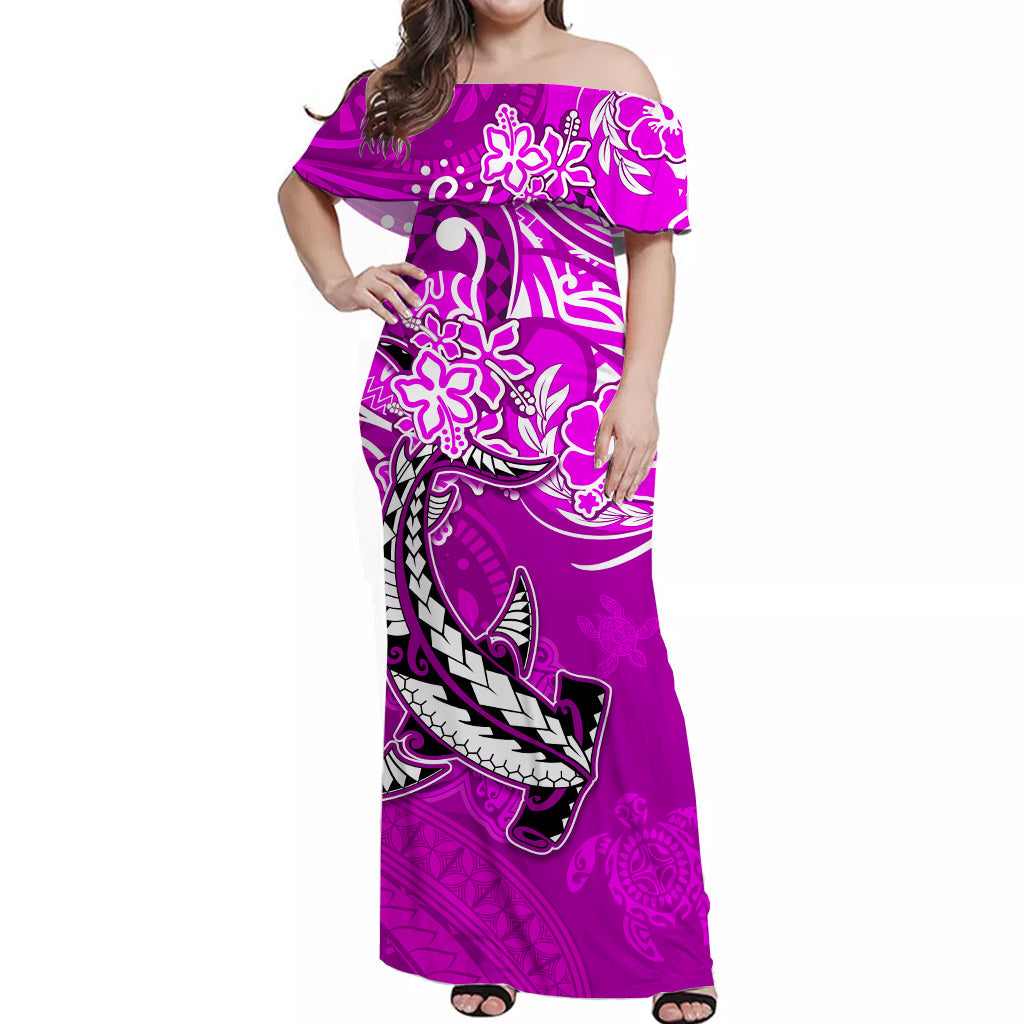 custom-personalised-hawaii-off-shoulder-long-dress-polynesia-pink-sea-turtle-honu-and-hammerhead-shark