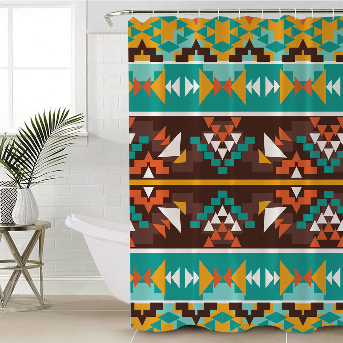 Colorful geometric shower curtain with top grommet header and multicolor patterns