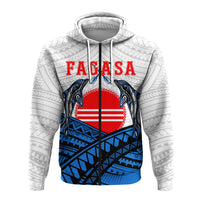 Pullover hoodie in light gray with red Fagasa lettering and blue/red dolphin print