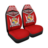 Red Tonga car seat covers set with crest, fan motif, tribal trim, and black edges