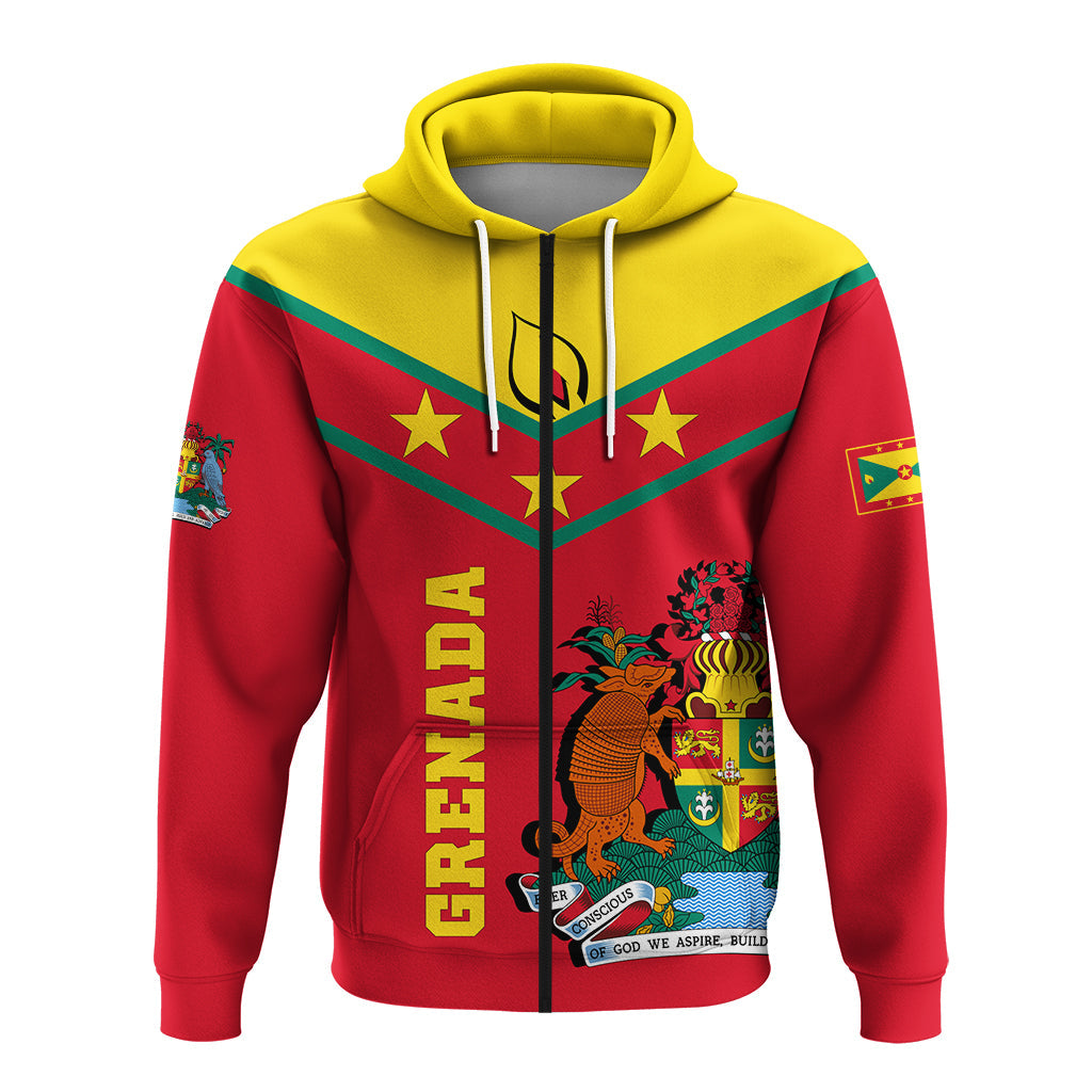 Red pullover hoodie with yellow hood, vertical graphic panel, and front kangaroo pocket.