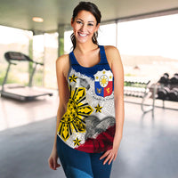 Women’s tank top with eagle, sun and shield print in blue, white, yellow, red