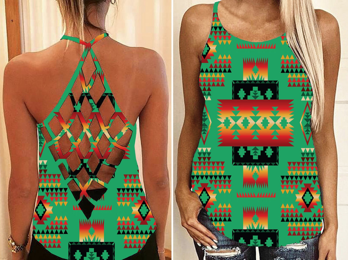 Green sleeveless tank with multicolor Native-style geometric tribal print front