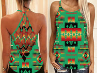 Green sleeveless tank with multicolor Native-style geometric tribal print front