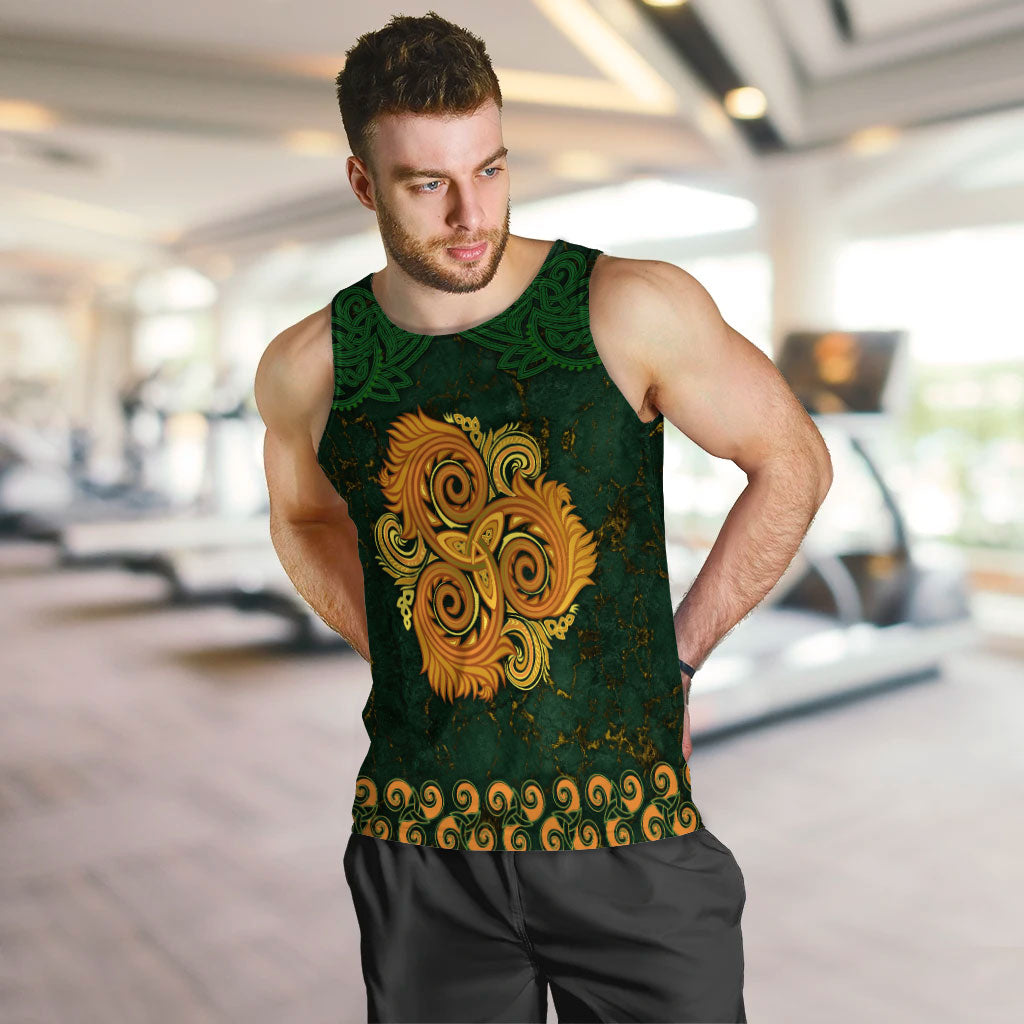 Green men’s tank top with triple-spiral Celtic ornament, worn by model