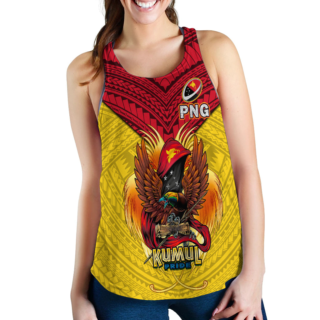 Yellow women’s rugby tank top front with red chevron pattern, PNG logo, and eagle graphic