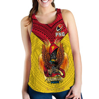 Yellow women’s rugby tank top front with red chevron pattern, PNG logo, and eagle graphic