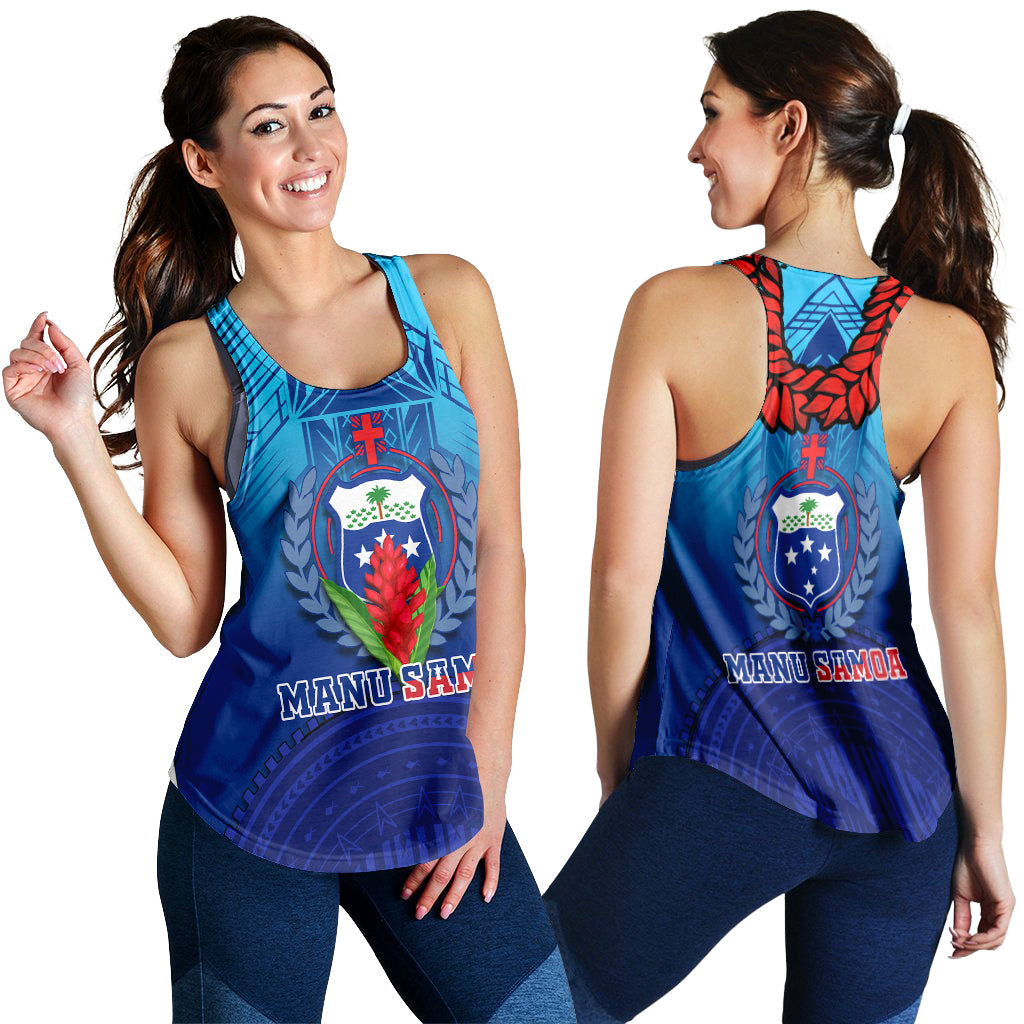 Blue women's tank top front and back views with crest graphic and racerback straps