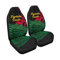 Black dual seat covers with green geometric stripe panels and red hibiscus “Espíritu Santo”