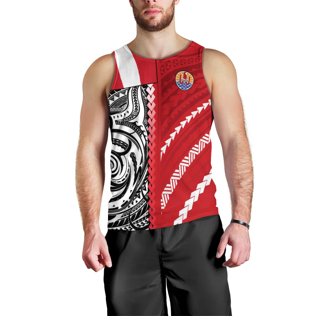 Red sleeveless men’s tank top with black-and-white tribal panel and white arrow accents