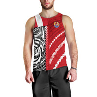 Red sleeveless men’s tank top with black-and-white tribal panel and white arrow accents
