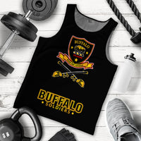 Black men’s tank top with Buffalo Soldiers front crest and trumpet graphic