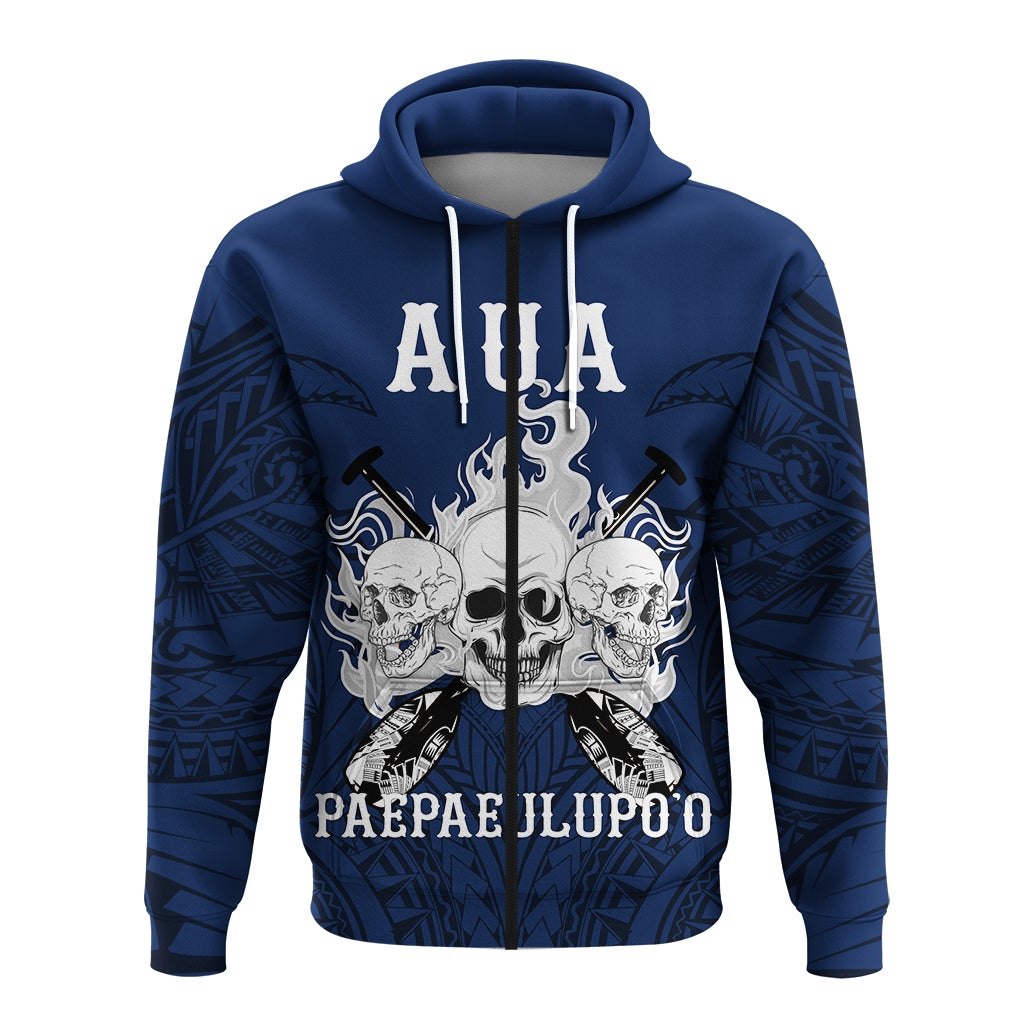 Blue pullover hoodie with Aua and front skull graphic