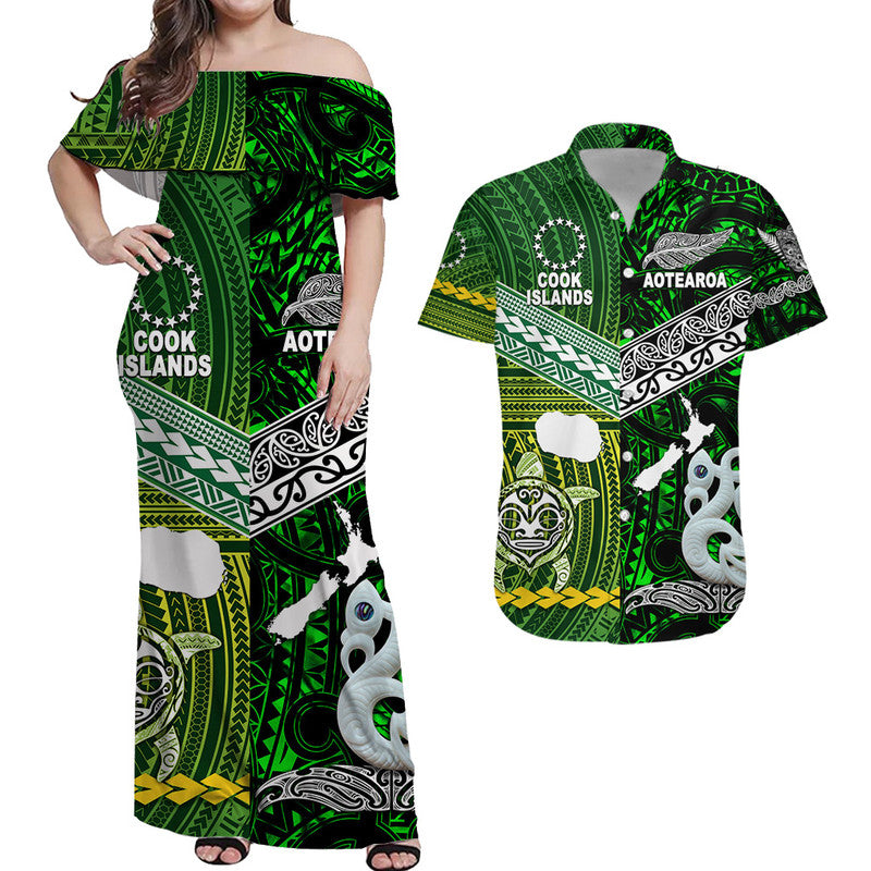 New Zealand and Cook Islands Matching Hawaiian Shirt And Dress Together Green LT8 - Wonder Print Shop
