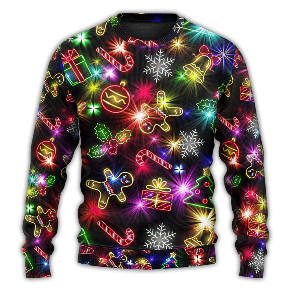 Christmas With Tree And Gift Cookies Gingerbread Man Neon Style Ugly Christmas Sweater - Wonder Print Shop
