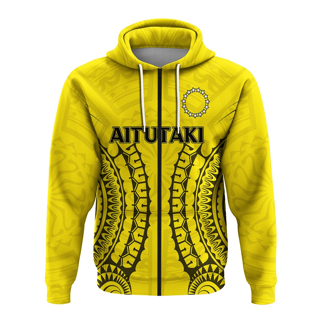 Yellow pullover hoodie with tribal Aitutaki front print and large vertical pattern