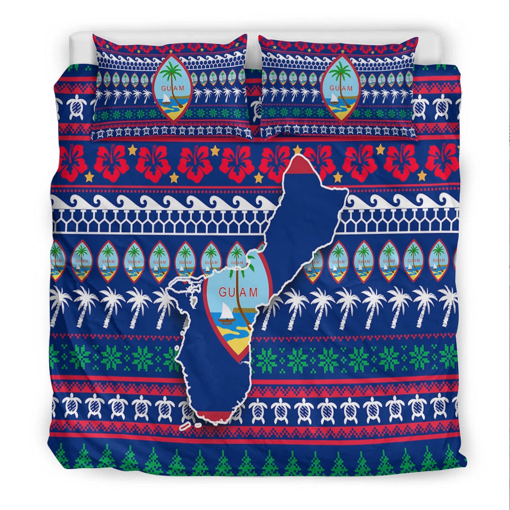 Blue Guam duvet and pillowcase set with large map shape, palm rows, and festive borders