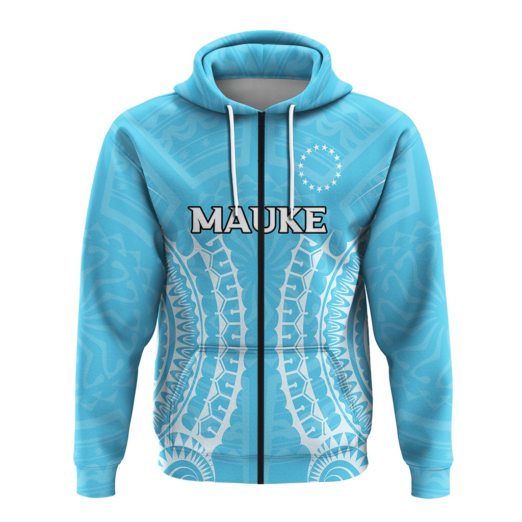Blue pullover hoodie with Mauke logo and tribal pattern, drawstring hood.