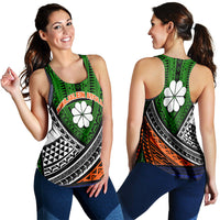 Womens green tribal tank top with white flower emblem, sleeveless front and back views