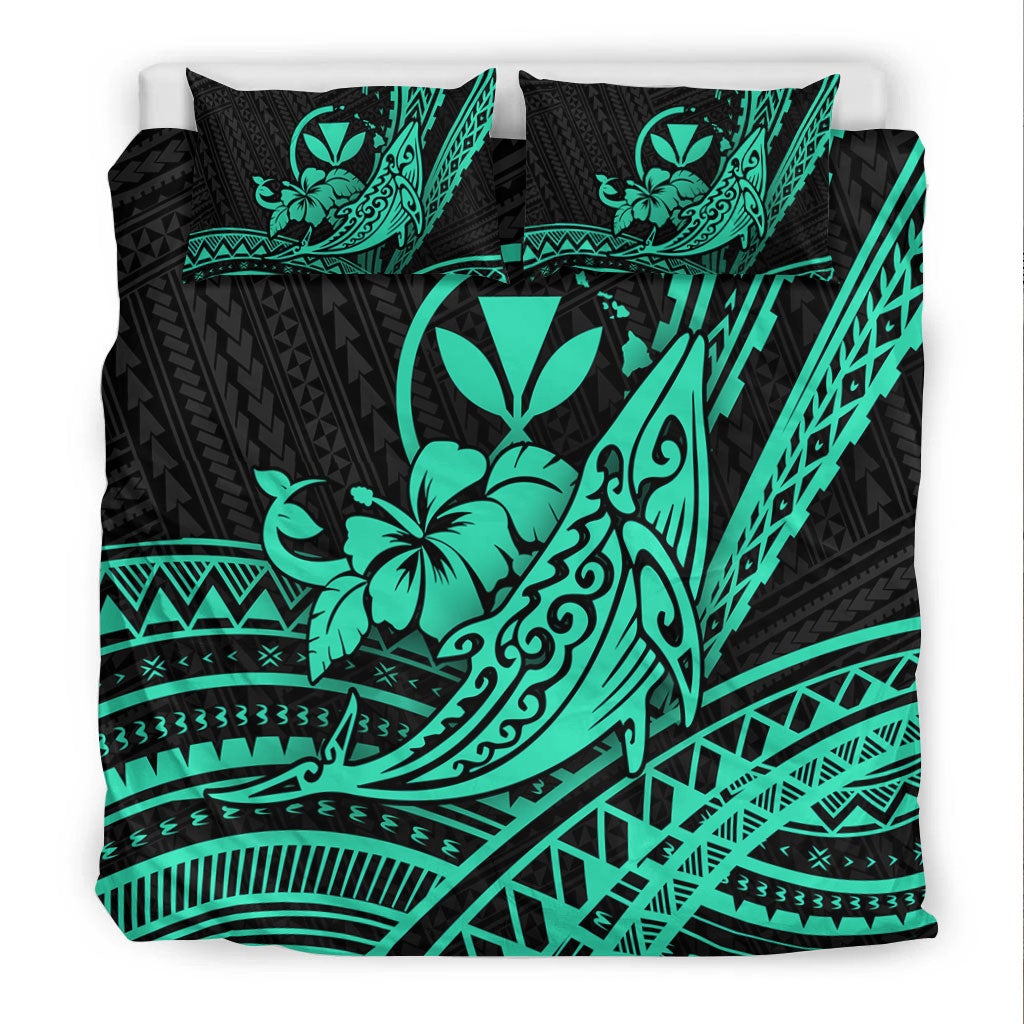 Hawaii Humpback Whale With Hibiscus Tribal Turquoise Bedding Set LT12 - Wonder Print Shop