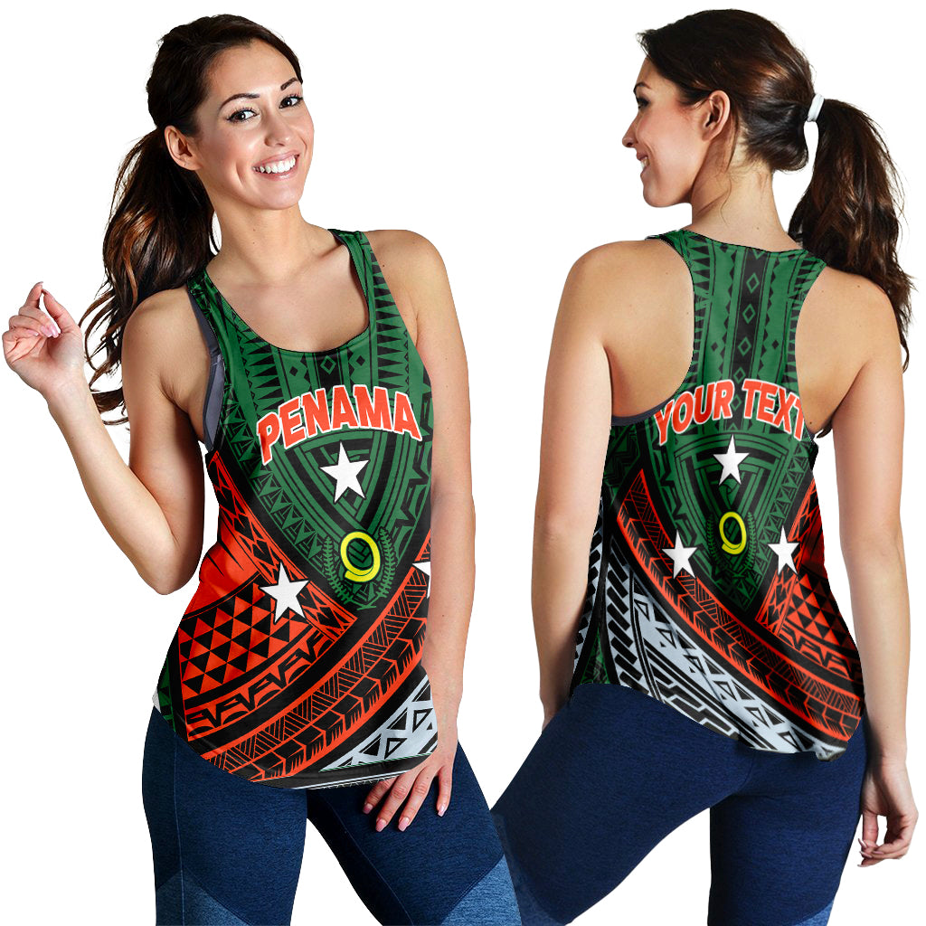 Green women’s tank top with PENAMA tribal design, sleeveless scoop neckline