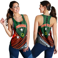 Green women’s tank top with PENAMA tribal design, sleeveless scoop neckline