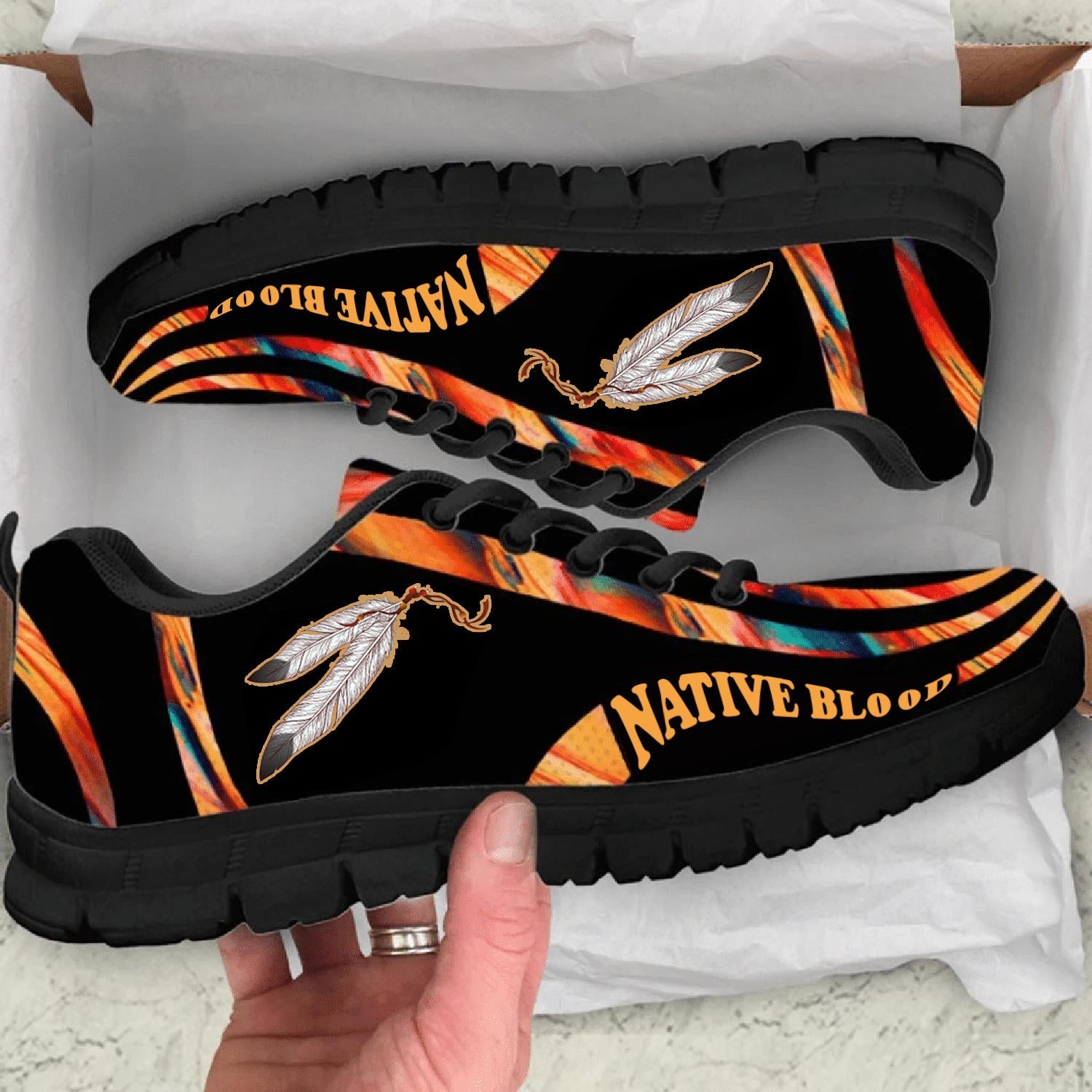 Orange Pattern Feather Native American Sneakers LT10 - Wonder Print Shop