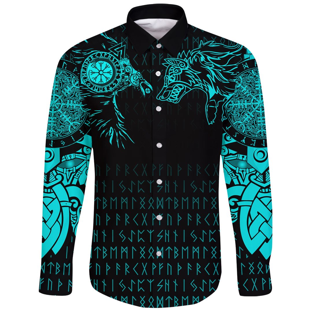 Viking Long Sleeve Button Shirt Raven and Wolf Special Tattoo RLT12 - Wonder Print Shop