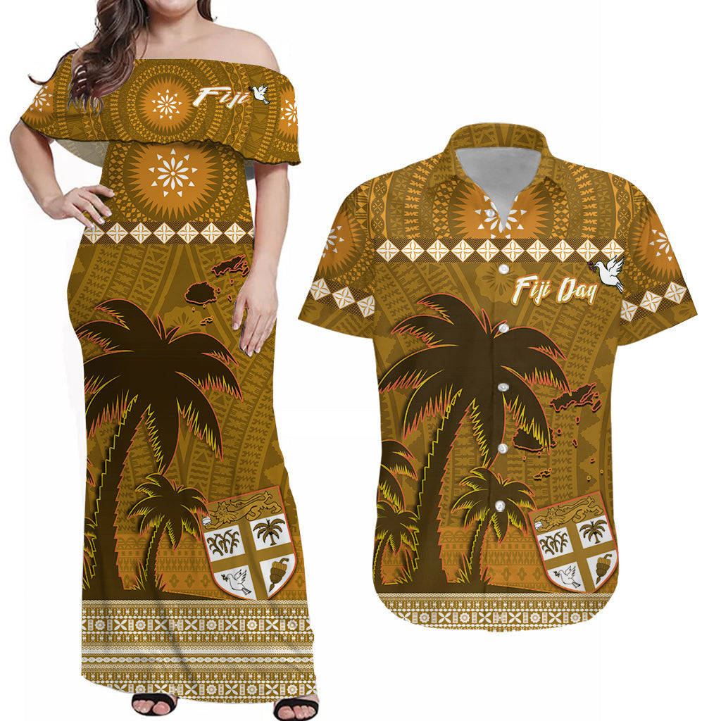 Personalised Bula Fiji Matching Hawaiian Shirt And Dress Fijian Tapa with Palm Tree Gold LT13 - Wonder Print Shop