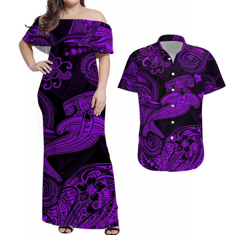 Polynesian Matching Hawaiian Outfits For Couples Hawaii Hammer Shark Matching Hawaiian Shirt And Dress Unique Style - Purple LT8 - Wonder Print Shop