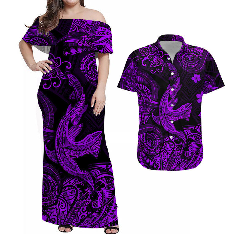 Polynesian Matching Hawaiian Outfits For Couples Hawaii Angry Shark Polynesian Dress and Hawaiian Shirt Unique Style - Purple LT8 - Wonder Print Shop