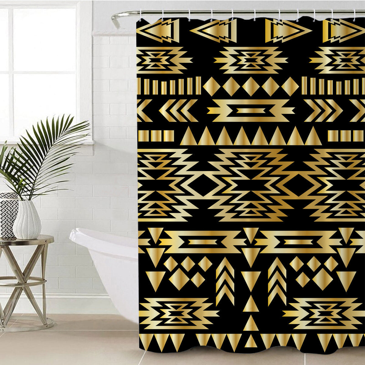 Yellow geometric shower curtain, black backdrop, metal grommets at top