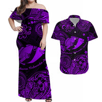 Purple off-shoulder maxi dress with Polynesian fish print; matching short-sleeve shirt
