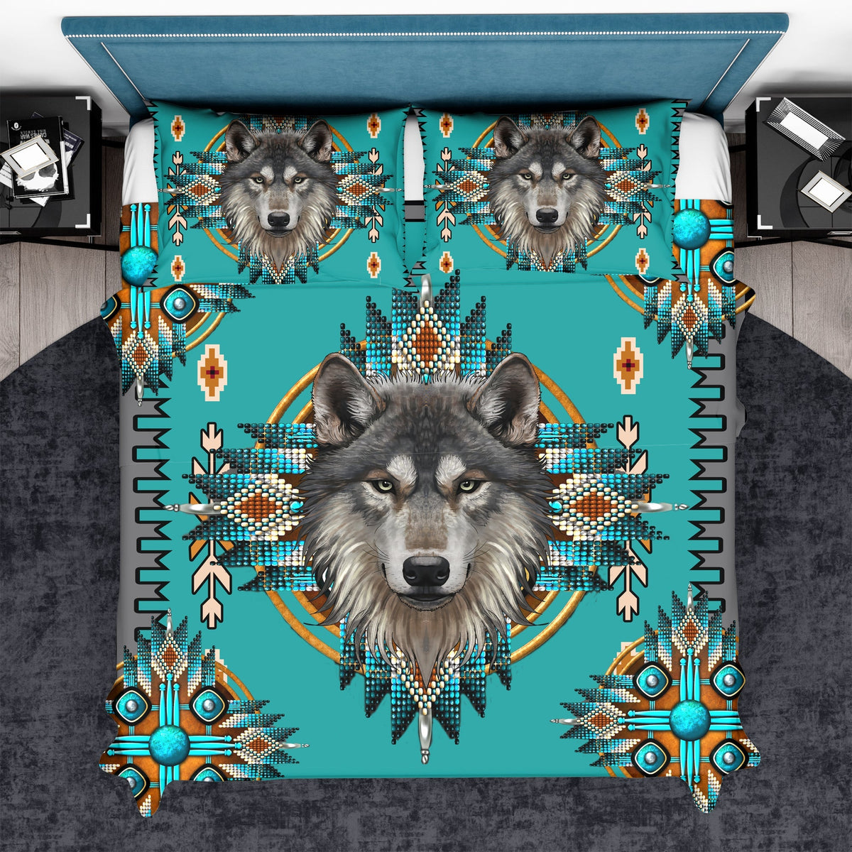 Native American Turquoise Tribe Wolf Bedding Set LT10 - Wonder Print Shop