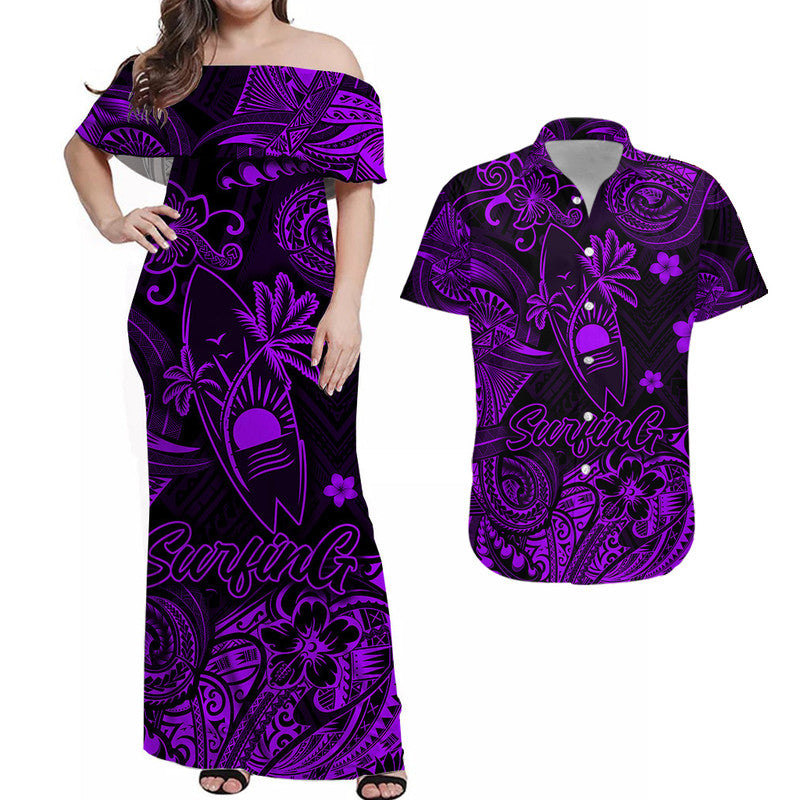 hawaii-surfing-polynesian-combo-dress-and-hawaiian-shirt-matching-couples-outfit-unique-style-purple