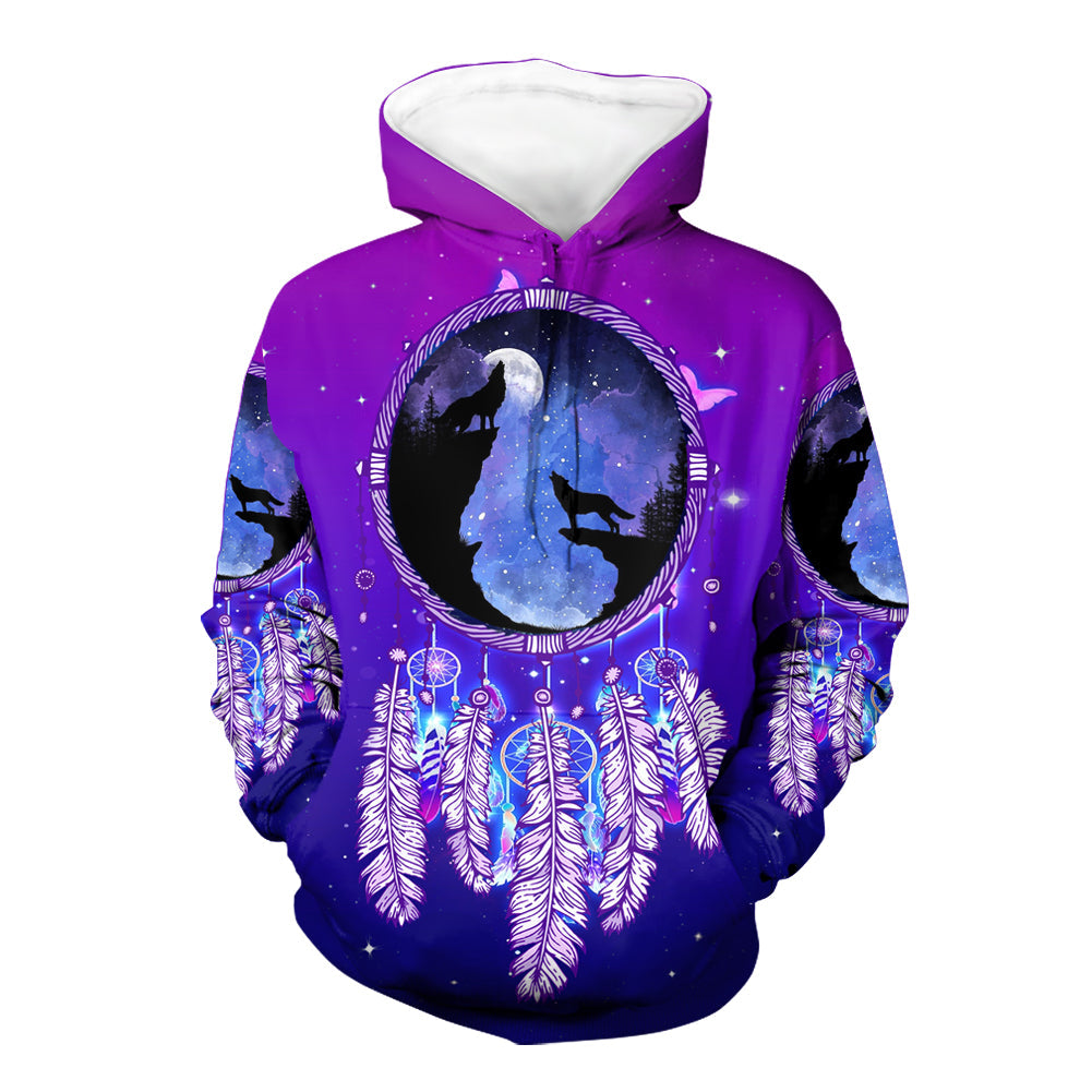 Native American Wolves Dream Catcher Purple Galaxy 3D Hoodie LT10 - Wonder Print Shop