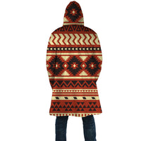 Unisex hooded cloak back view with bold colorful geometric tribal pattern