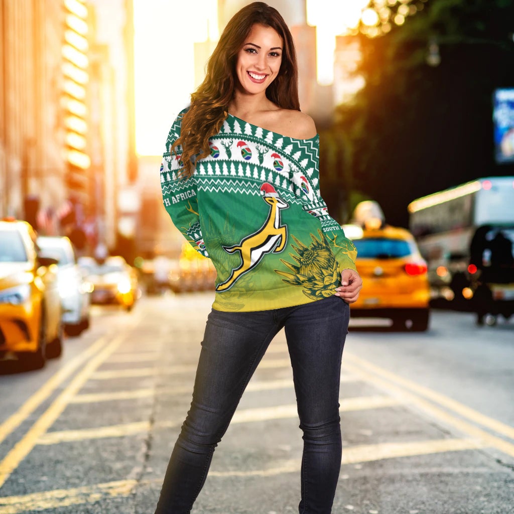 (Custom Personalised) South Africa Rugby Christmas Off Shoulder Sweater Proud Springboks LT13 - Wonder Print Shop