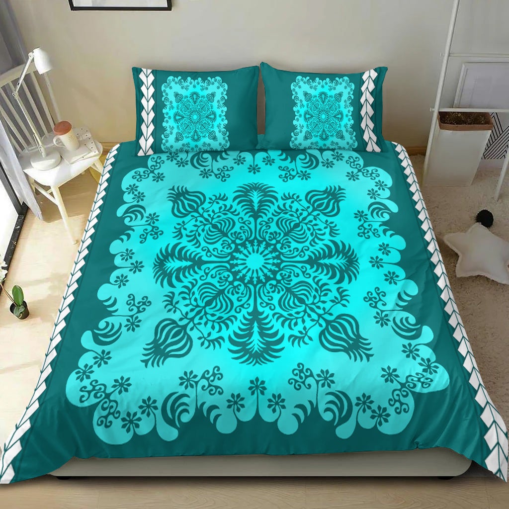 Turquoise bedding set featuring a large center mandala with scrolling floral details
