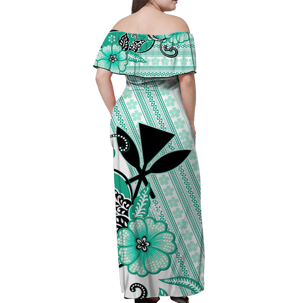 hawaii-off-shoulder-long-dress-kakau-tribal-turquoise-batik-floral-ver02