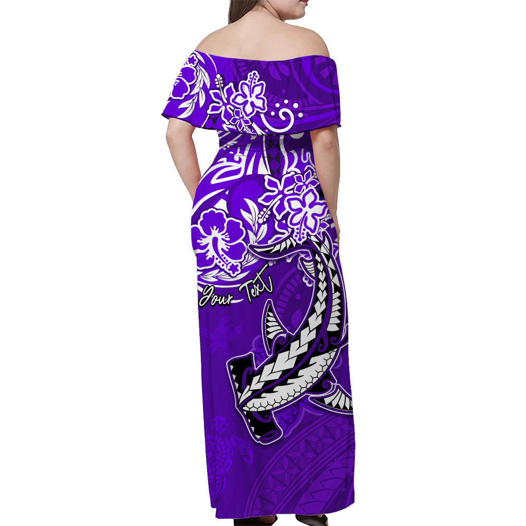 custom-personalised-hawaii-off-shoulder-long-dress-polynesia-purple-sea-turtle-honu-and-hammerhead-shark