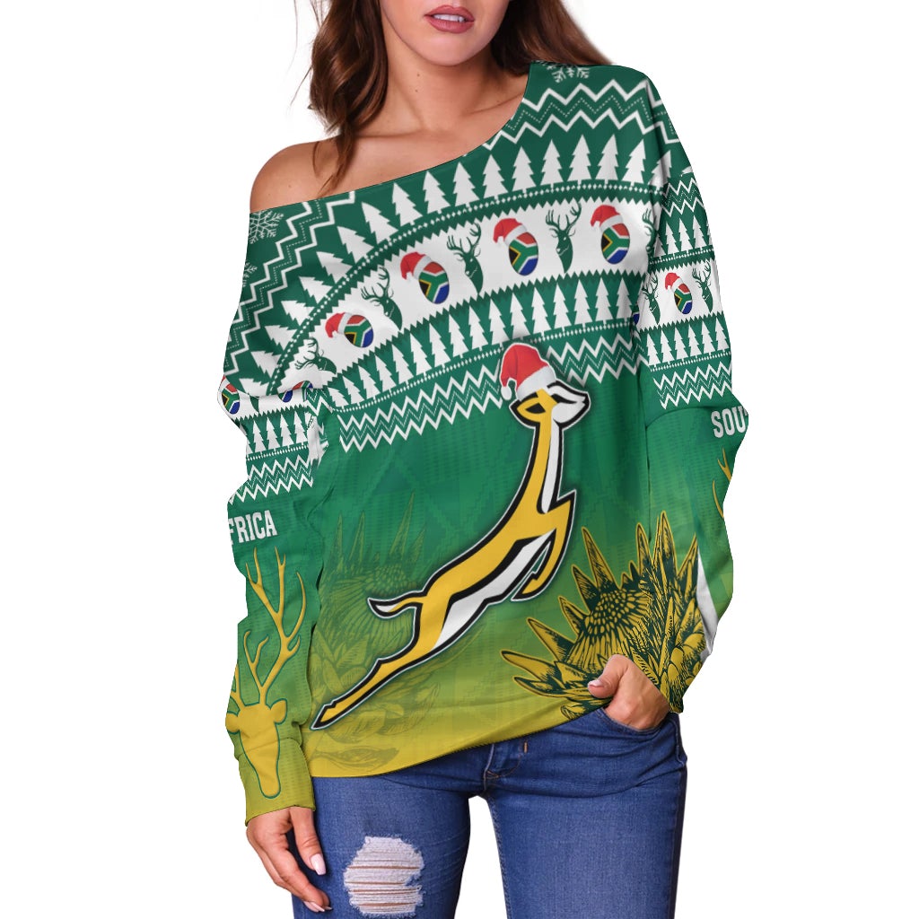 (Custom Personalised) South Africa Rugby Christmas Off Shoulder Sweater Proud Springboks LT13 - Wonder Print Shop