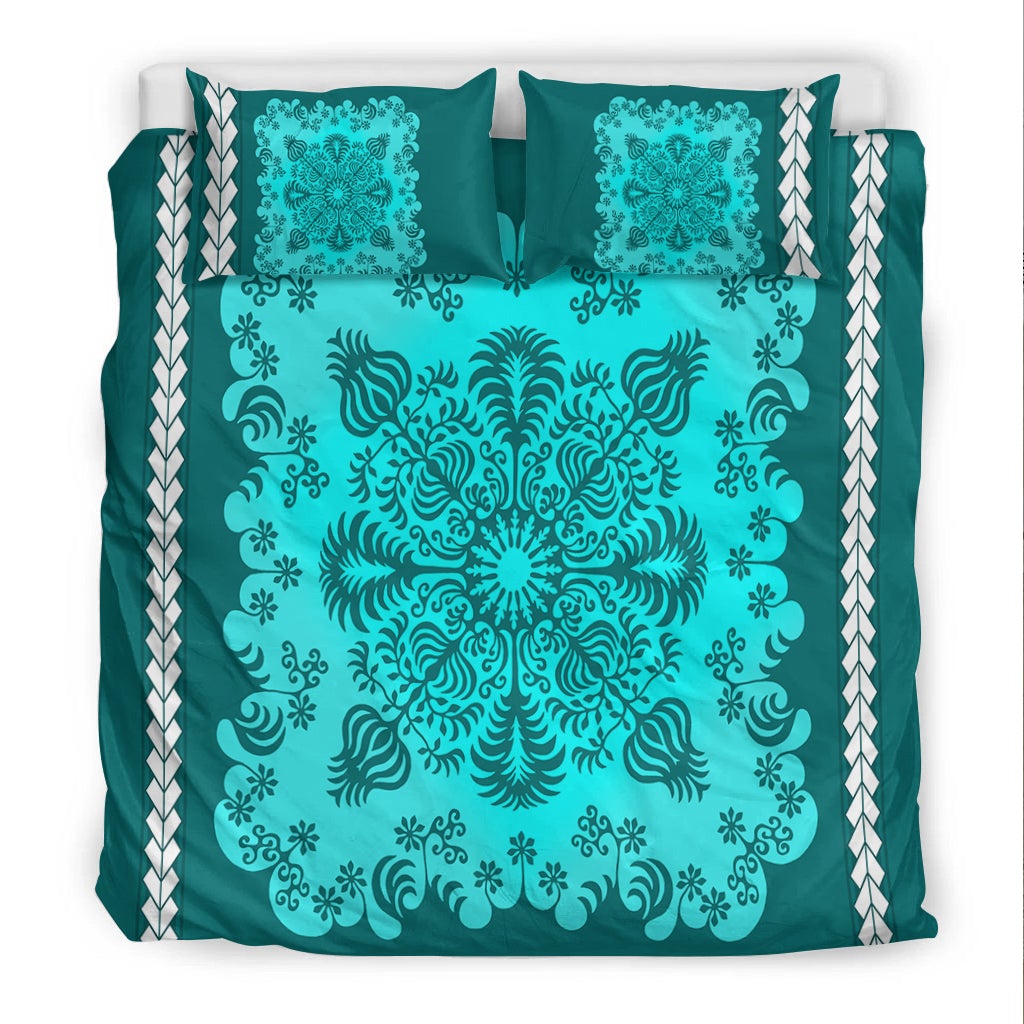 Turquoise bedding set with teal large mandala and decorative corner swirls, includes two pillows