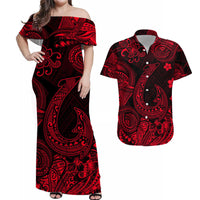 Off-shoulder maxi dress with red and black paisley fishhook print