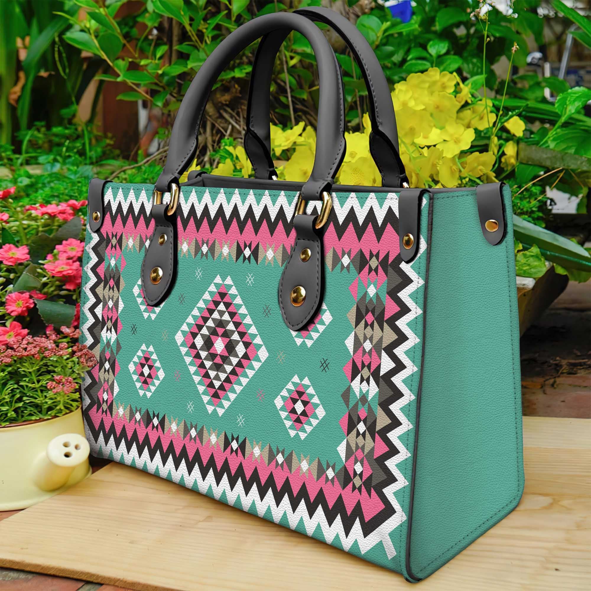 native-american-ethnic-geometric-pink-pattern-leather-bag