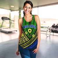 Green tribal print women’s tank top with bold emblem graphic.
