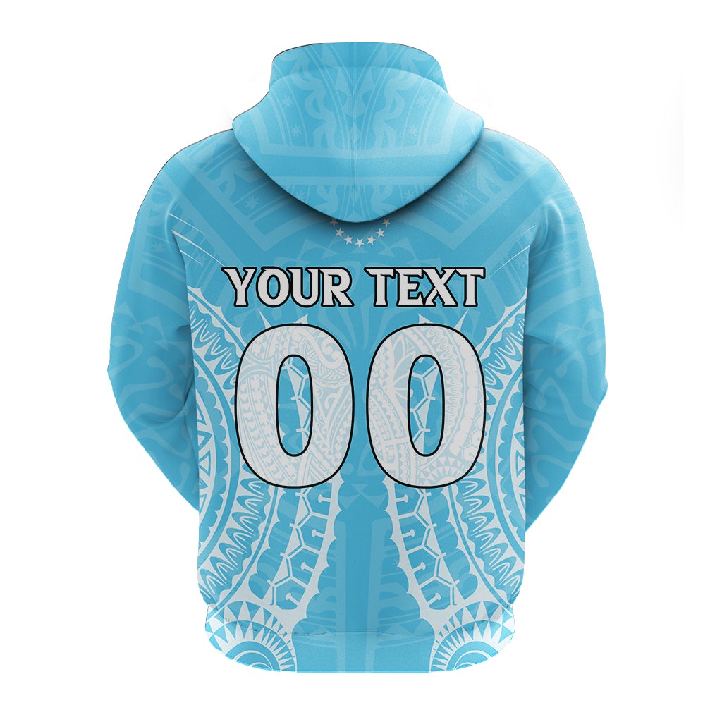 Blue hoodie back: YOUR TEXT over tribal pattern with large 00 graphic.