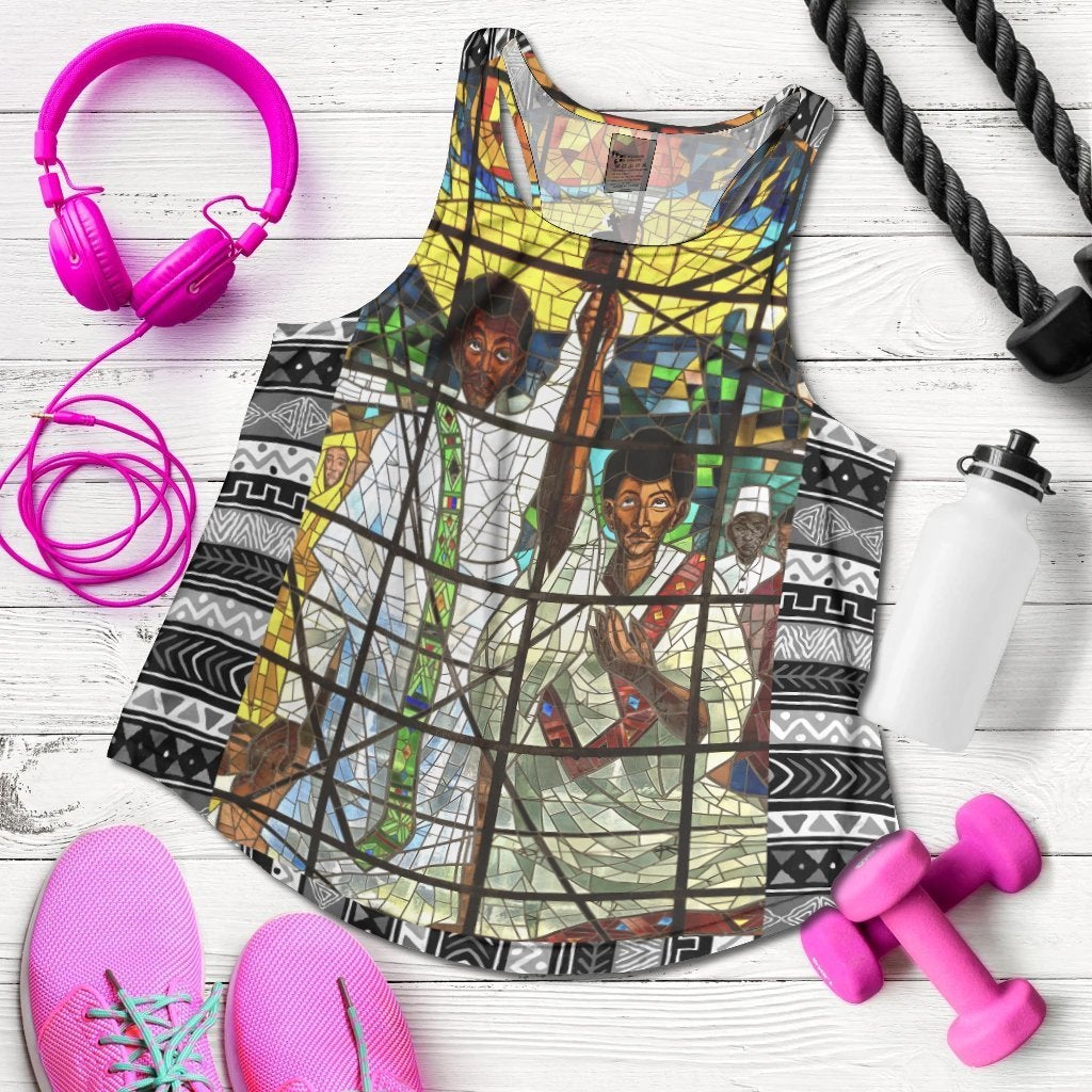 Multicolor racerback tank flat lay with Ethiopian graphic artwork, scoop neck