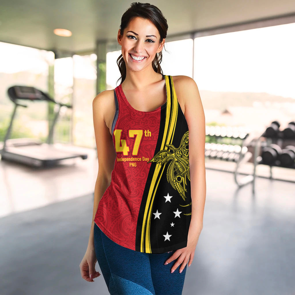Women's tank top on model, red and black 47 Independence Day graphic with yellow side stripe
