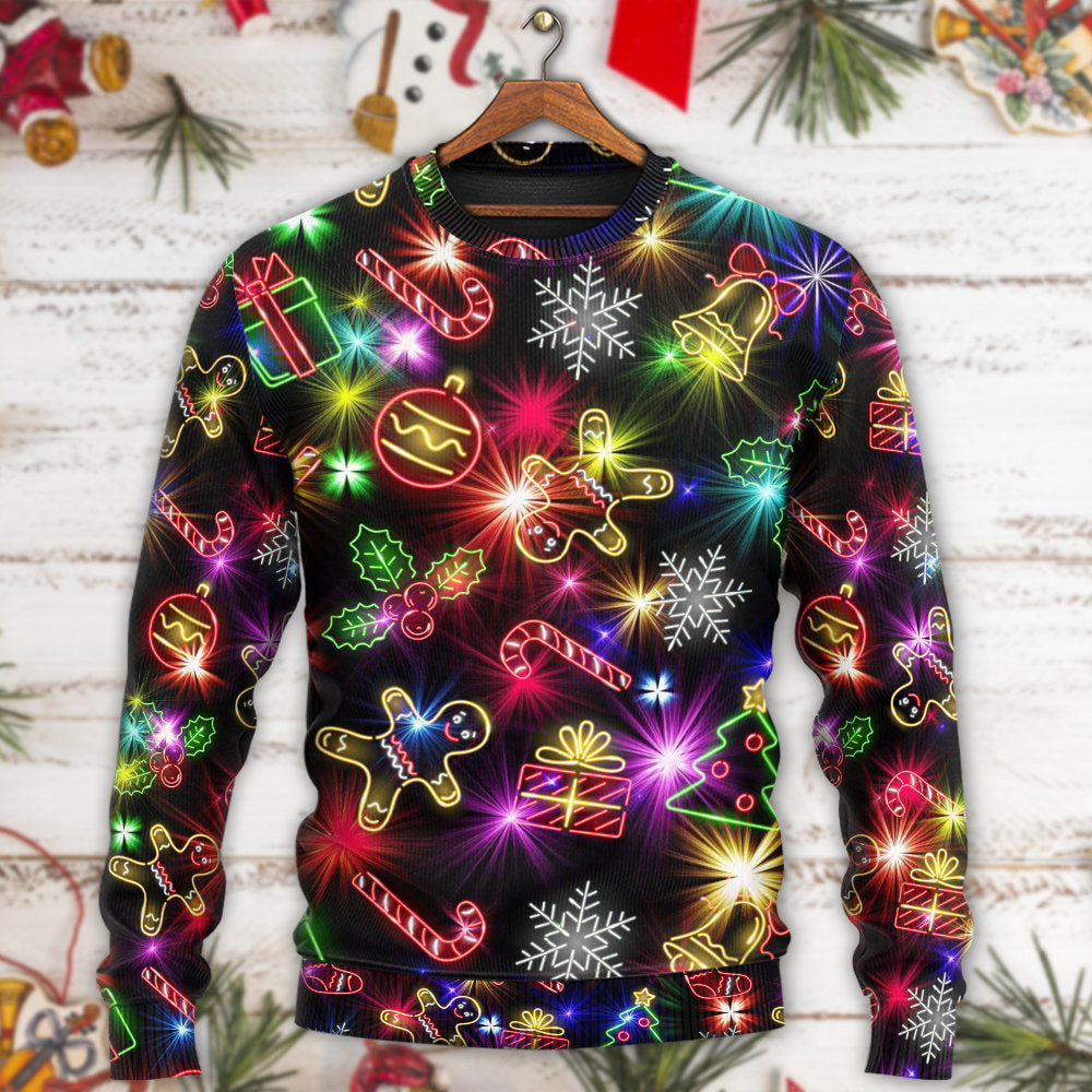 Christmas With Tree And Gift Cookies Gingerbread Man Neon Style Ugly Christmas Sweater - Wonder Print Shop